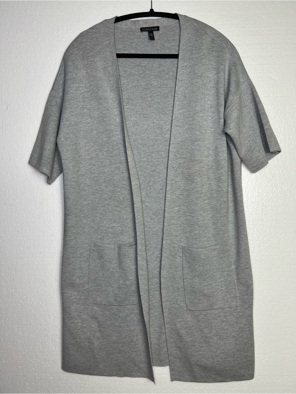 Eileen Fisher Open Front Organic Cotton nylon Silk Cardigan Sweater Gray Pockets
